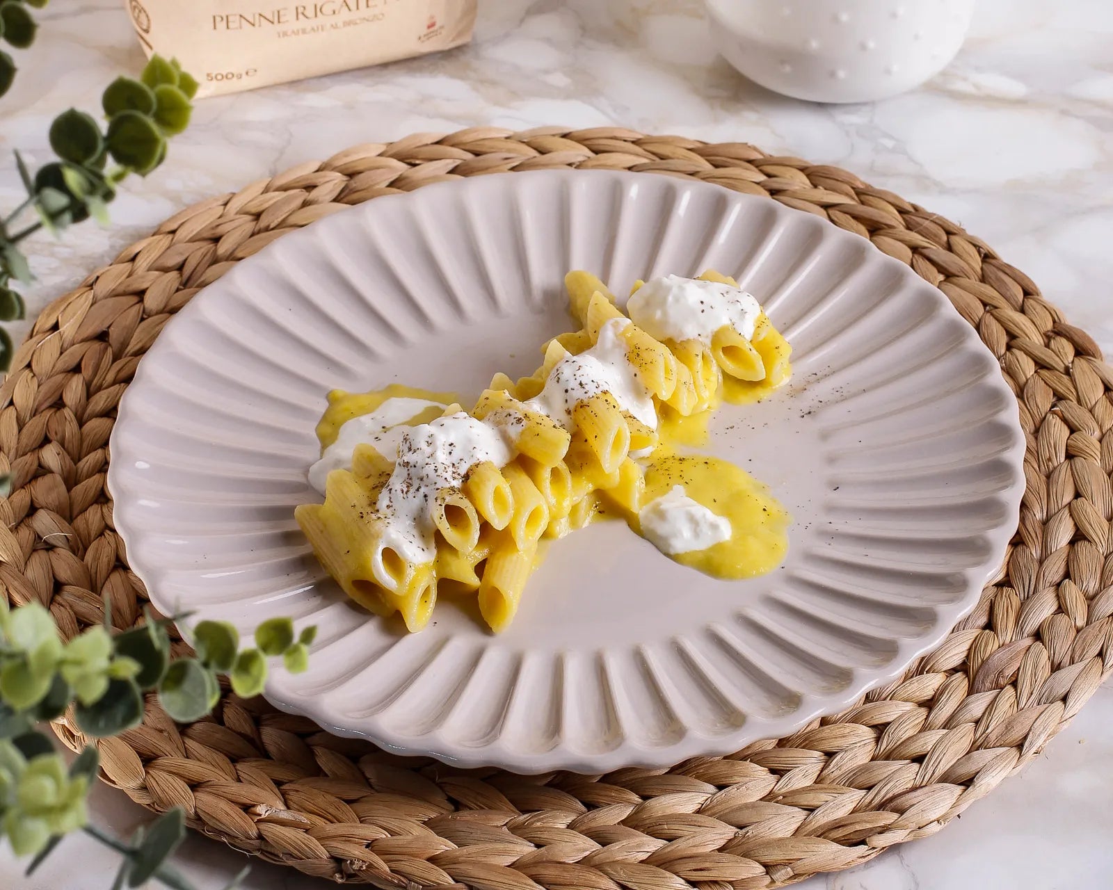 Penne with yellow pepper cream and Apulian burrata 
