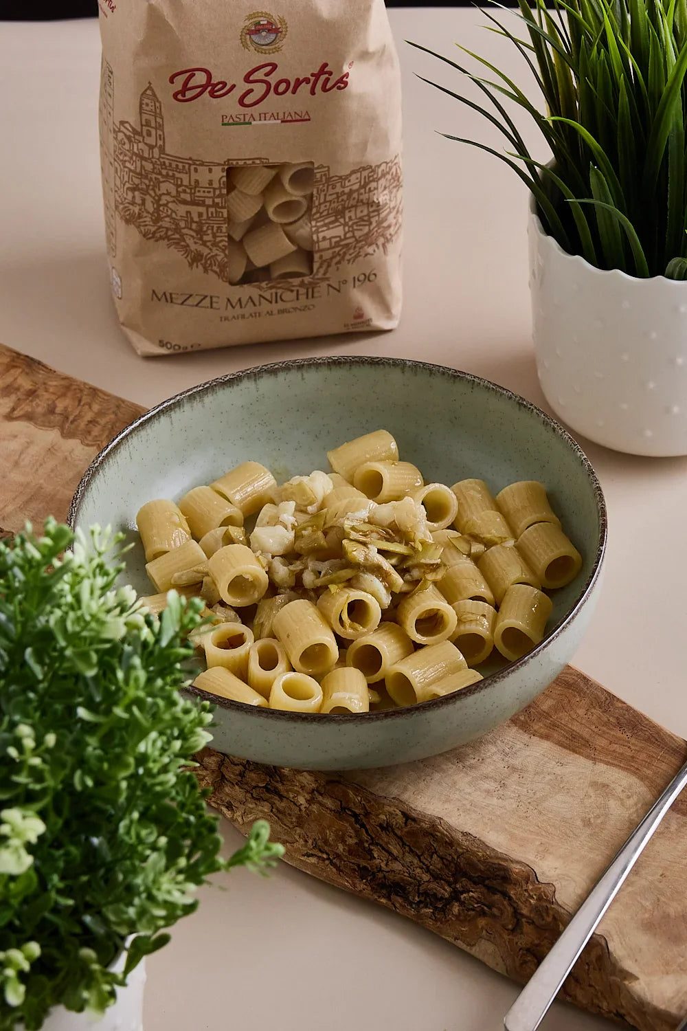 Mezze maniche carciofi e baccalà