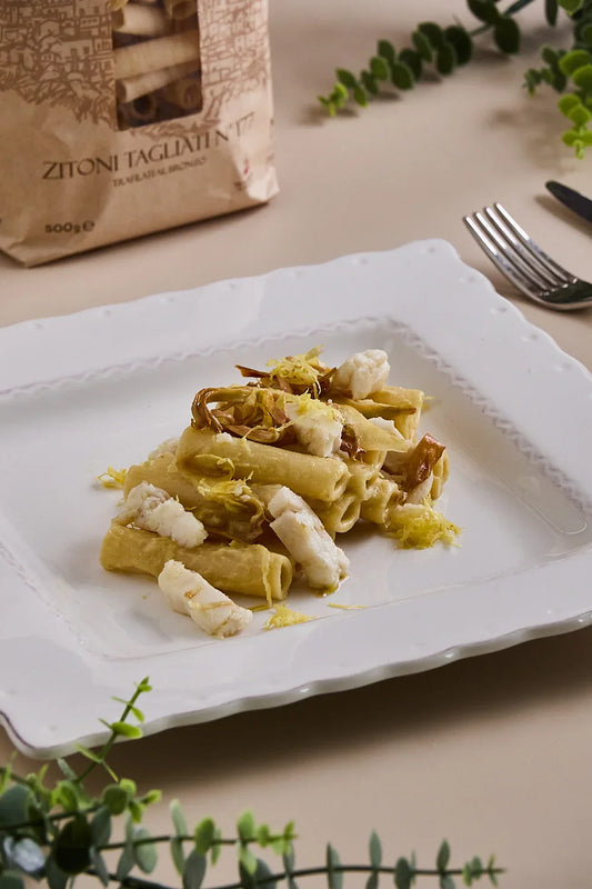 Ziti baccalà, carciofi e limone (con crema di carciofi e carciofi croccanti)